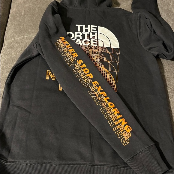 The North Face Charcoal Hoodie with Vibrant Orange Sleeve Design - Picture 8 of 14